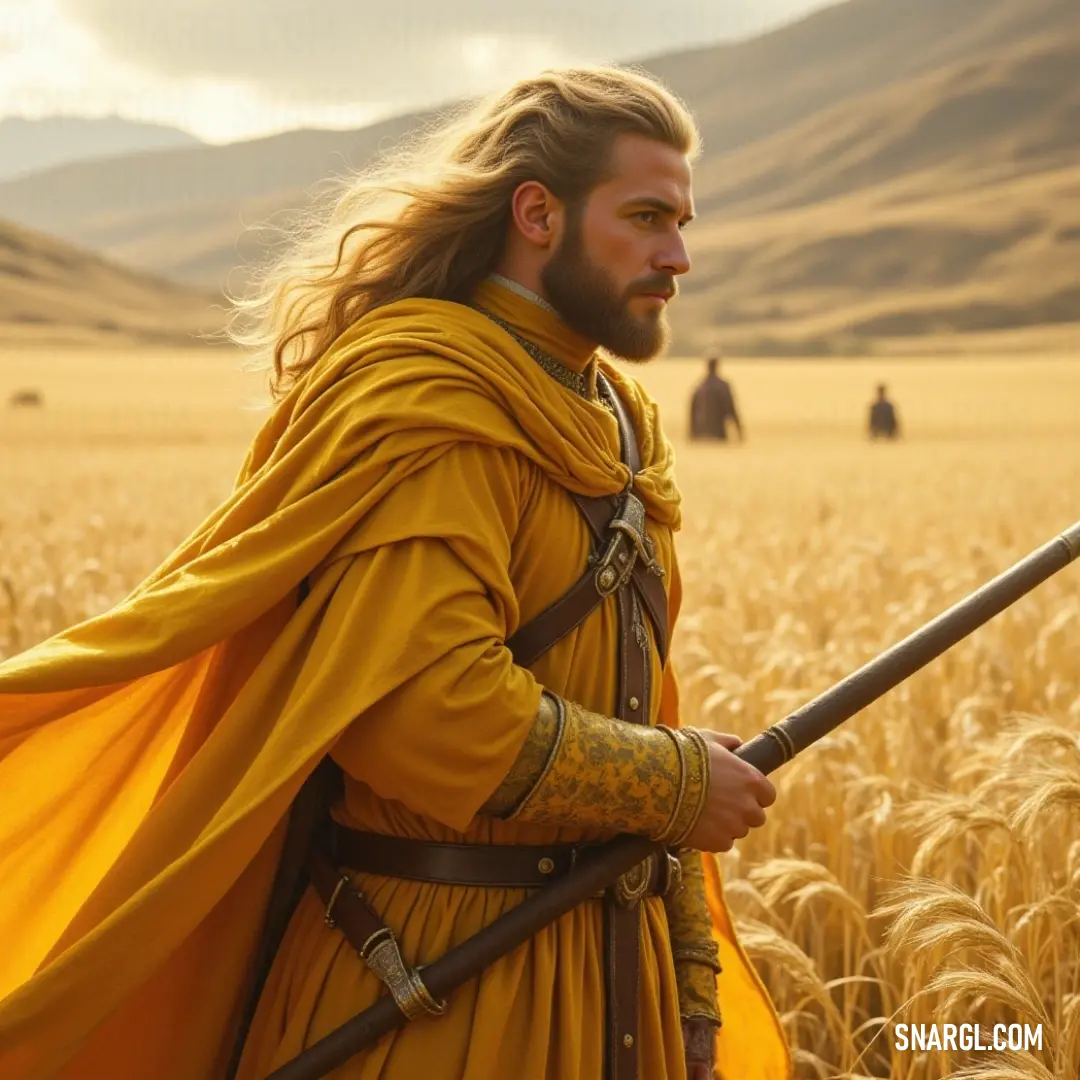 Dressed in a bright yellow outfit, a character raises an ornate stick high against the backdrop of a lush wheat field, the towering mountains standing proud and majestic like a guardian of the land. Dressed in a bright yellow outfit, a character raises an ornate stick high against the backdrop of a lush wheat field, the towering mountains standing proud and majestic like a guardian of the land.
