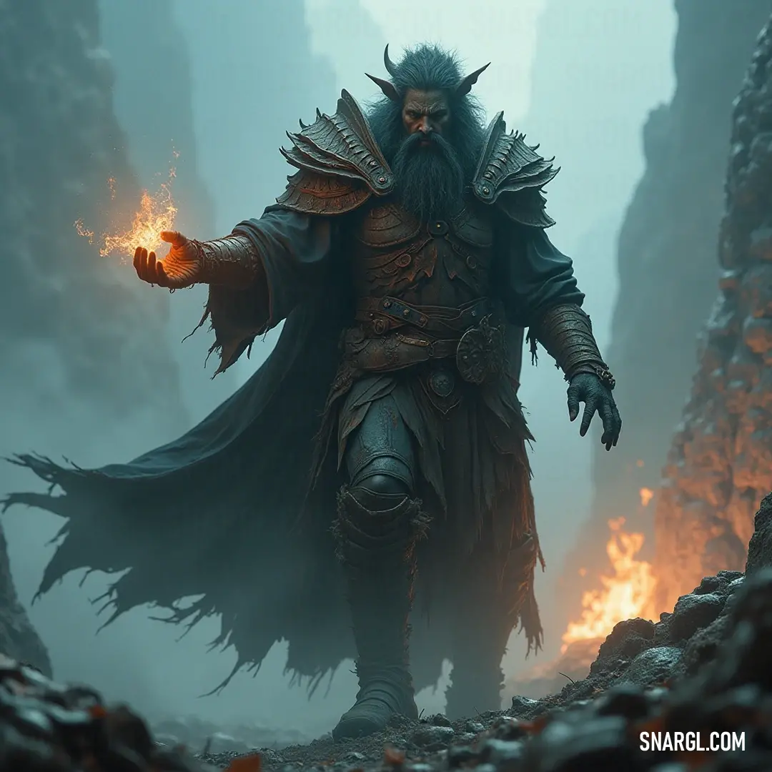 A powerful figure with a sweeping beard stands in a dark forest, flames flickering to life in his hands. Dressed in a long coat, he radiates warmth and authority, casting a fiery glow that contrasts with the shadows around him.