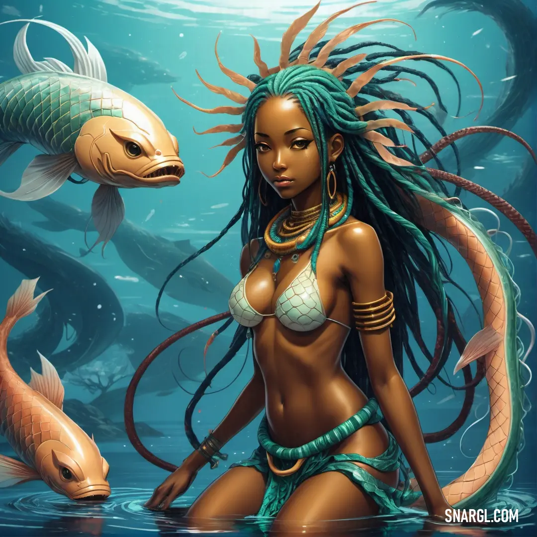 Mami Wata in a bikini next to a fish in the water with long hair