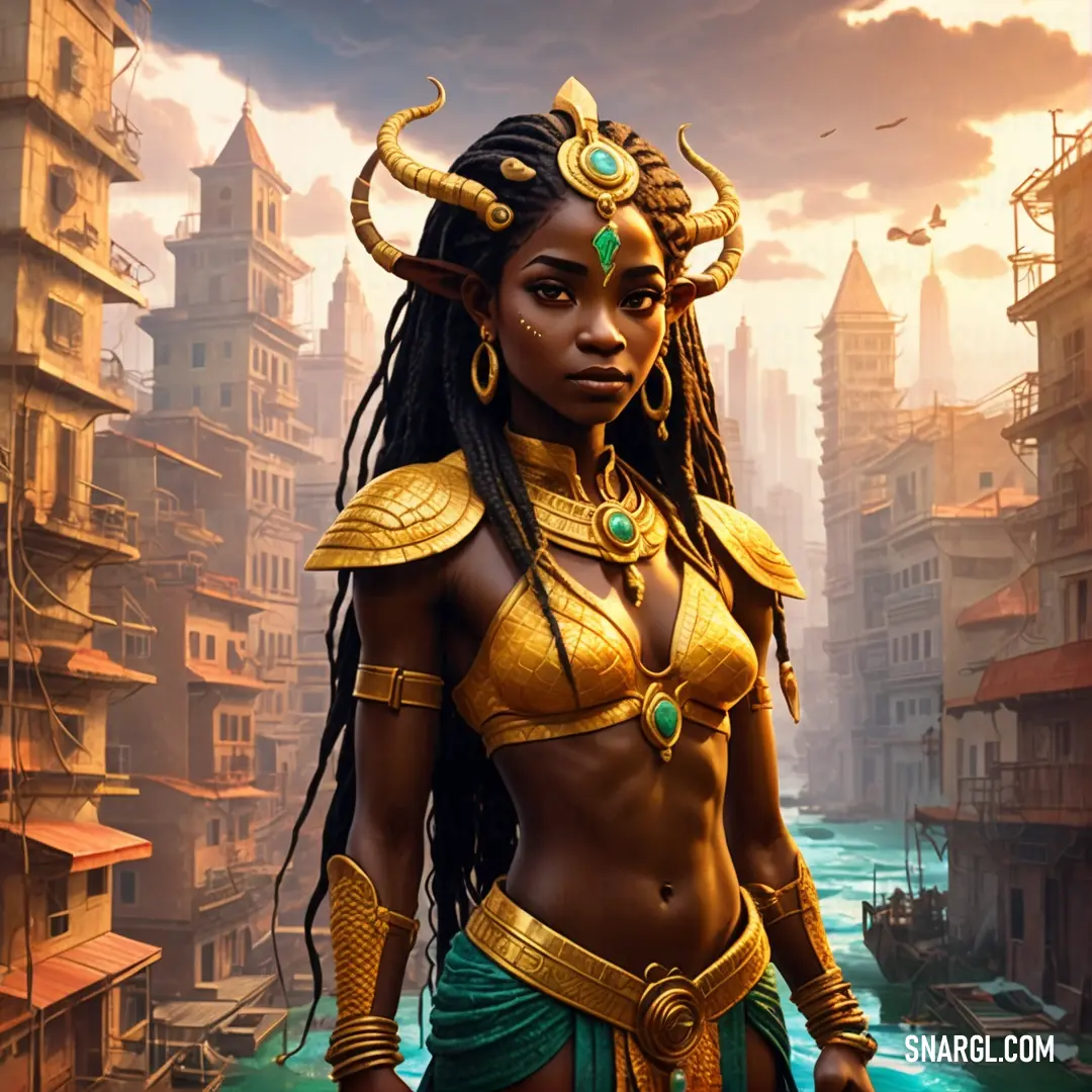 Mami Wata in a bikini and gold jewelry standing in a city with a river and buildings in the background