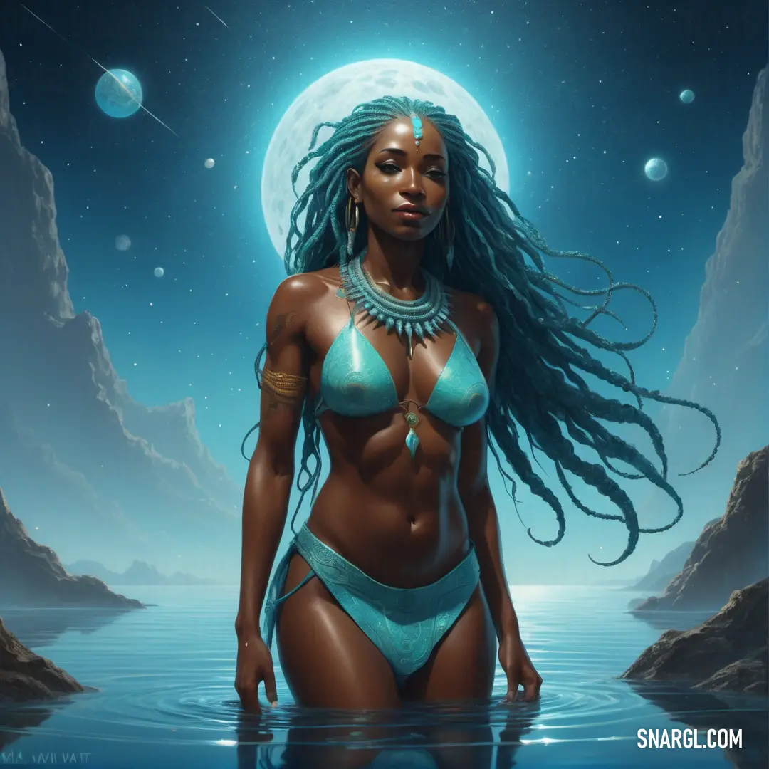 Mami Wata in a bikini standing in the water with a moon in the background