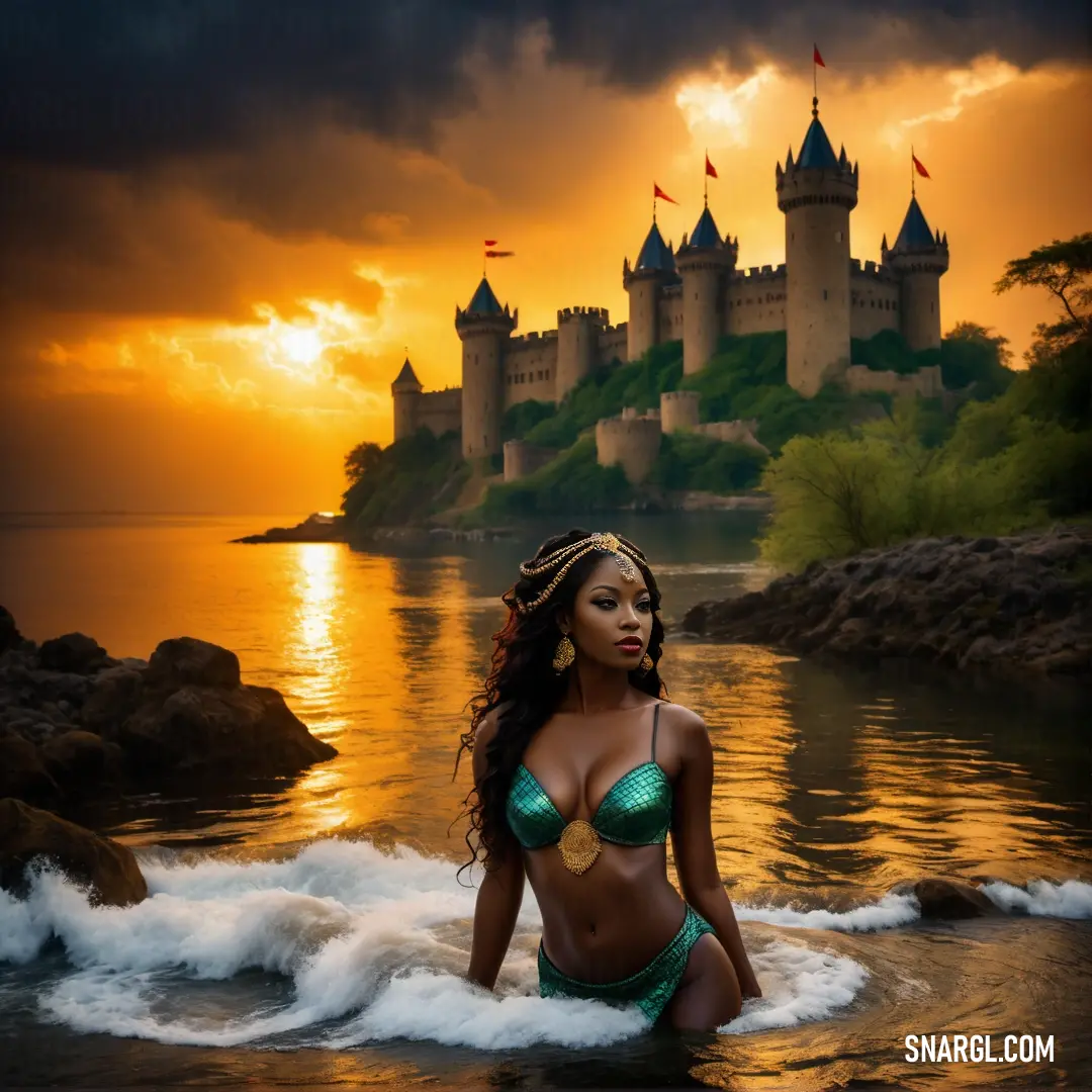 Mami Wata in a bikini standing in the water near a castle