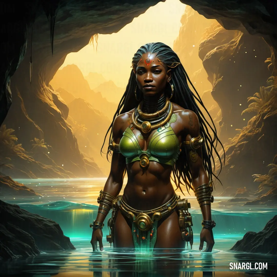 Mami Wata in a bikini standing in a cave with a body of water in front of her