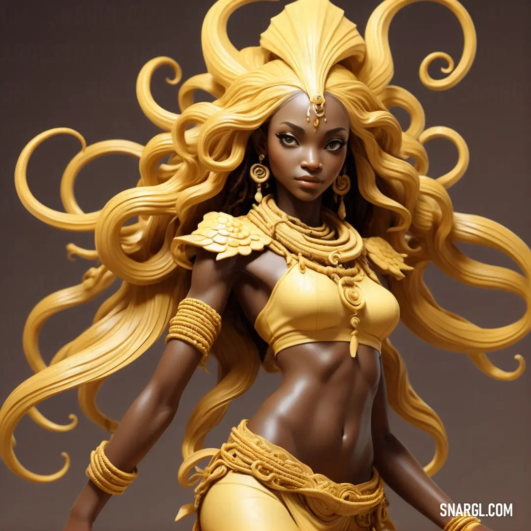Mami Wata in a bikini and gold jewelry is posed for a photo with a large amount of hair and a headpiece