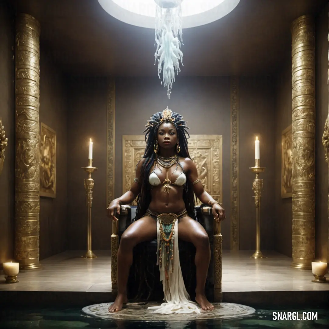 Mami Wata in a costume in a chair in a room with columns and a chandelier hanging from the ceiling