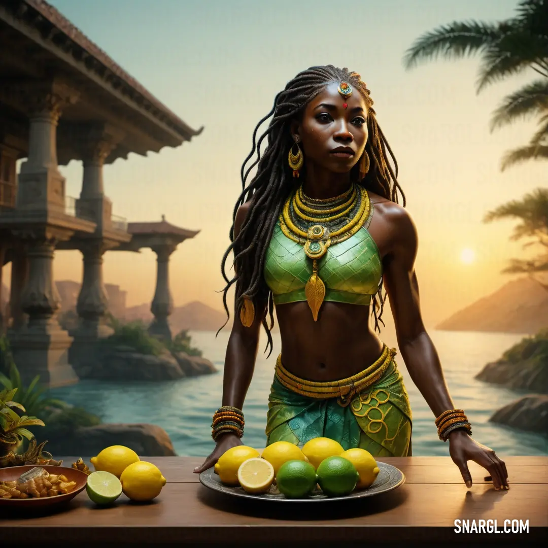 Mami Wata in a green bikini standing in front of a plate of lemons and limes on a table