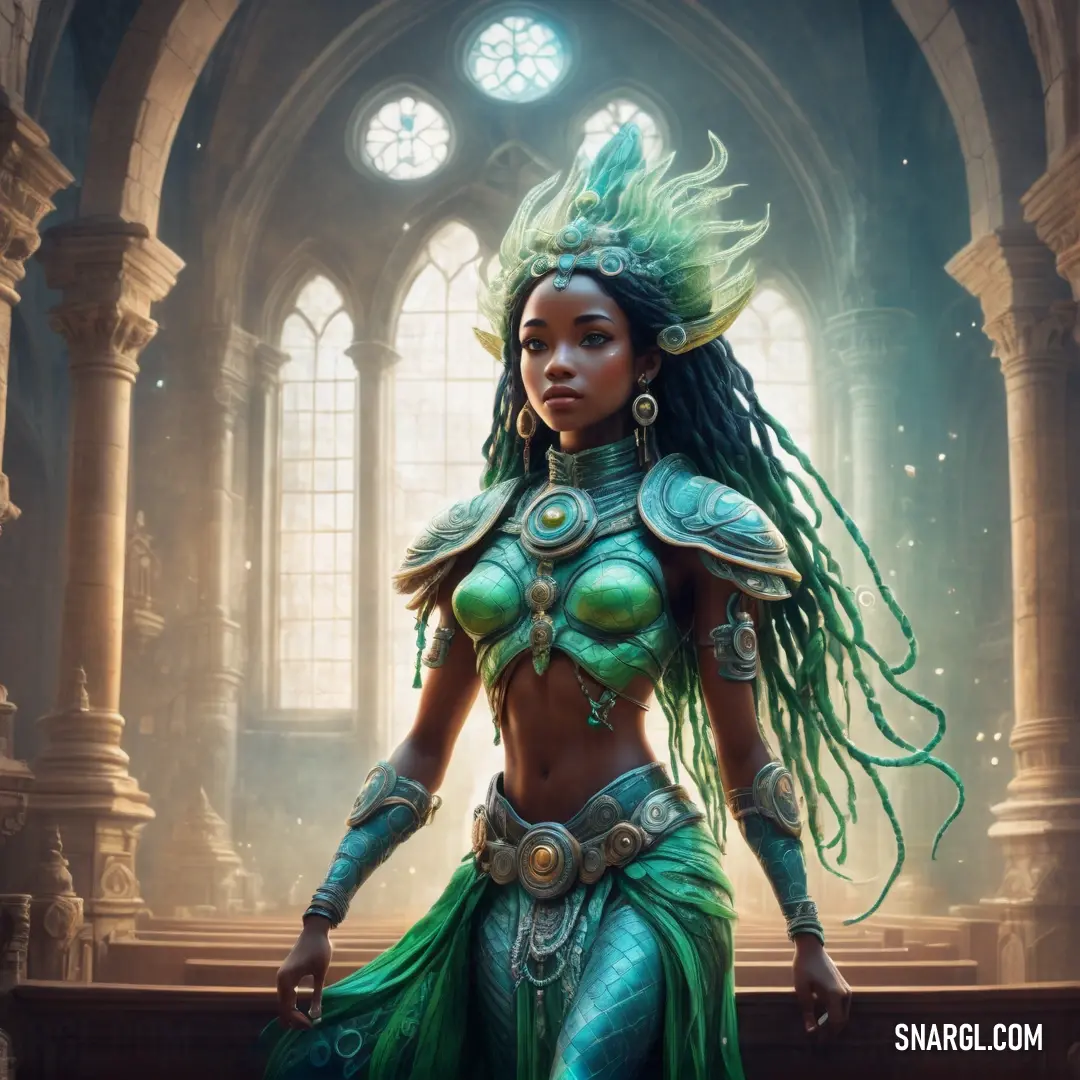 Mami Wata in a green costume standing in a room with a window and a clock on the wall behind her