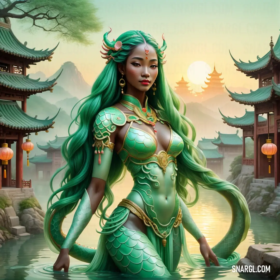 Mami Wata in a green costume standing in water with a Mami Wata on her back and a pagoda in the background