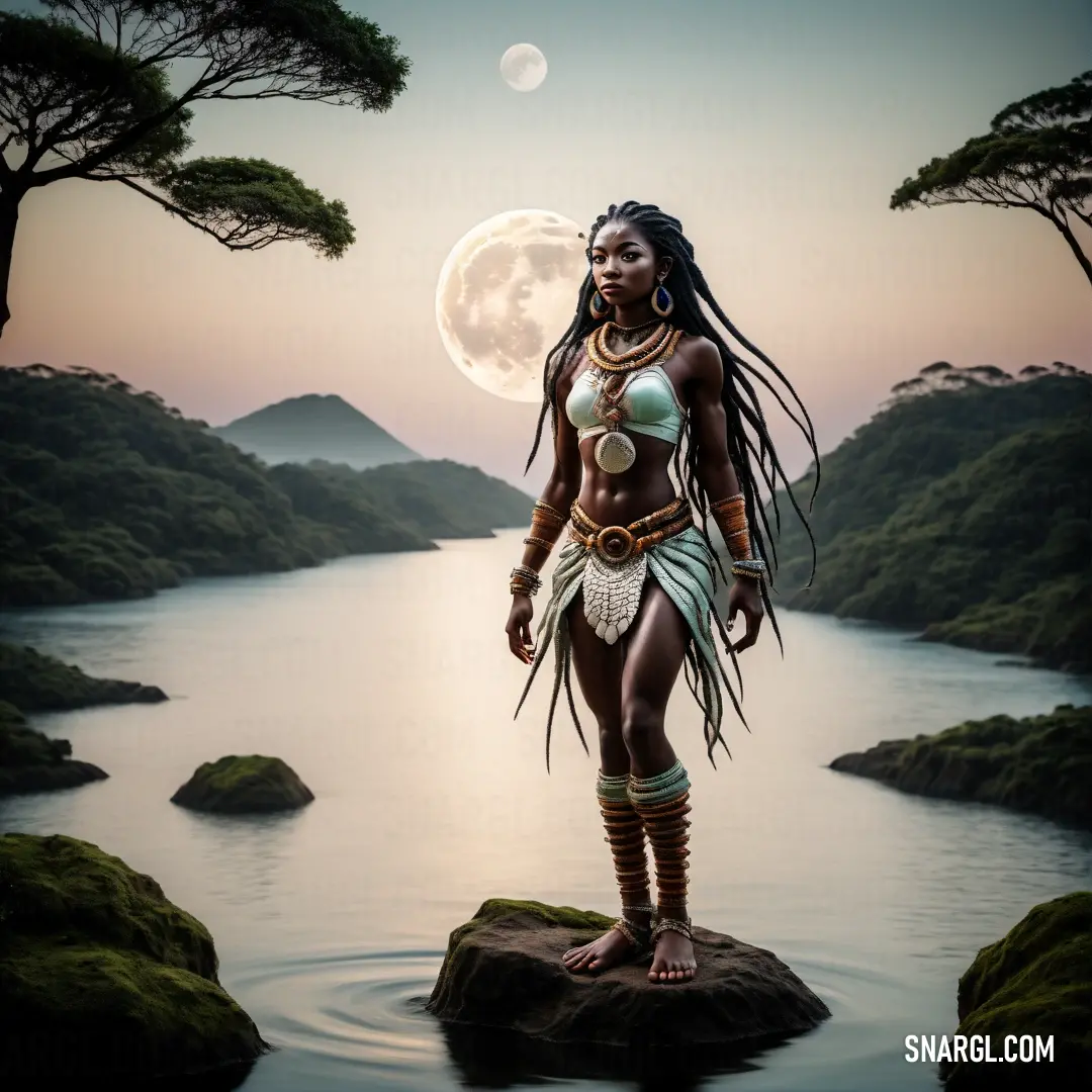 Mami Wata standing on a rock in the water with a moon in the background