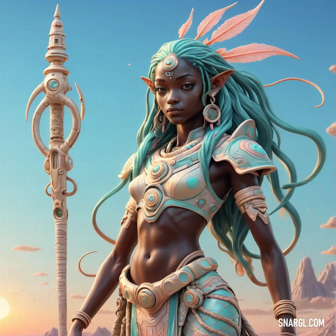Mami Wata with a green hair and a blue outfit holding a spear and a sword in her hand and a sky background