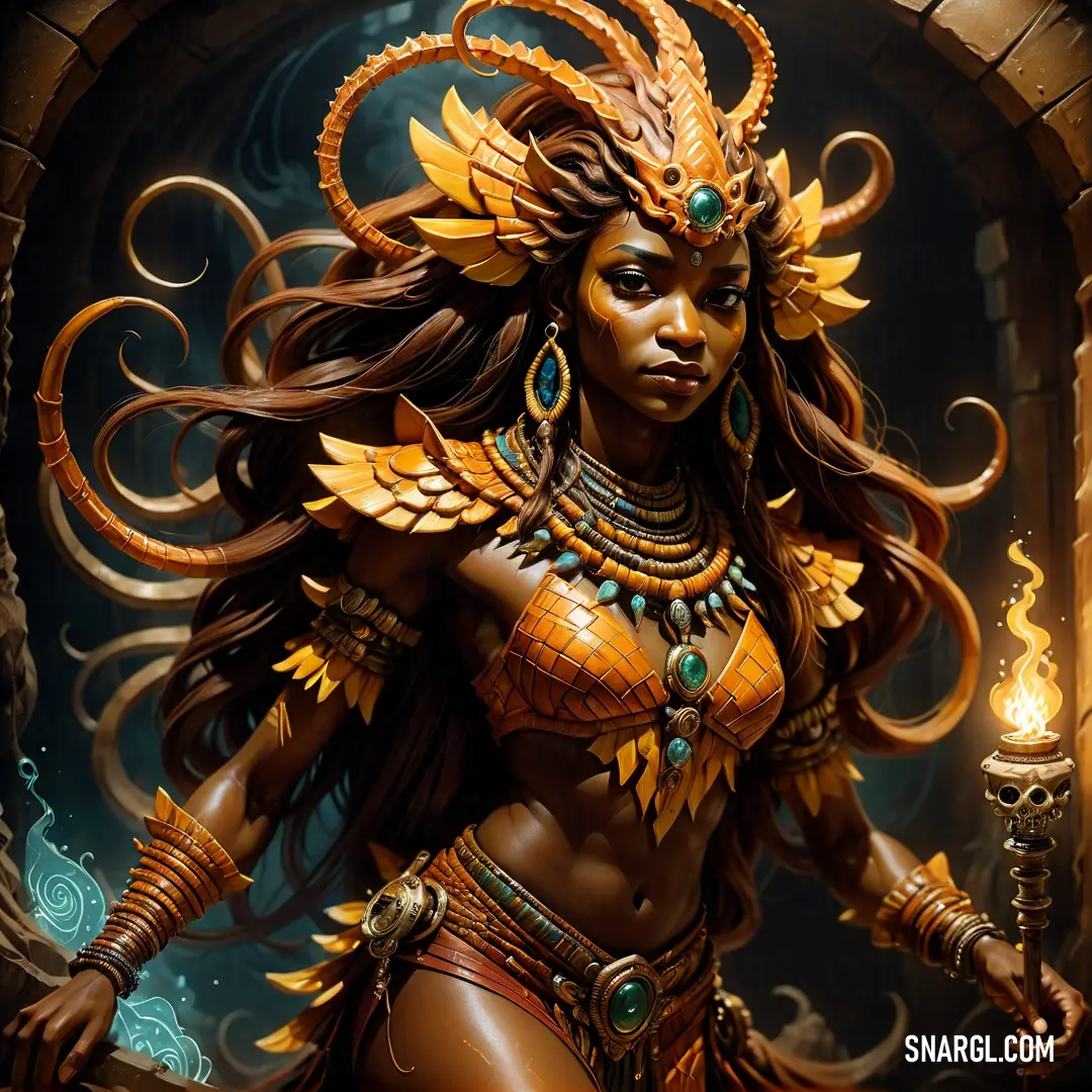 Mami Wata with a large headpiece and a torch in her hand is standing in front of a doorway