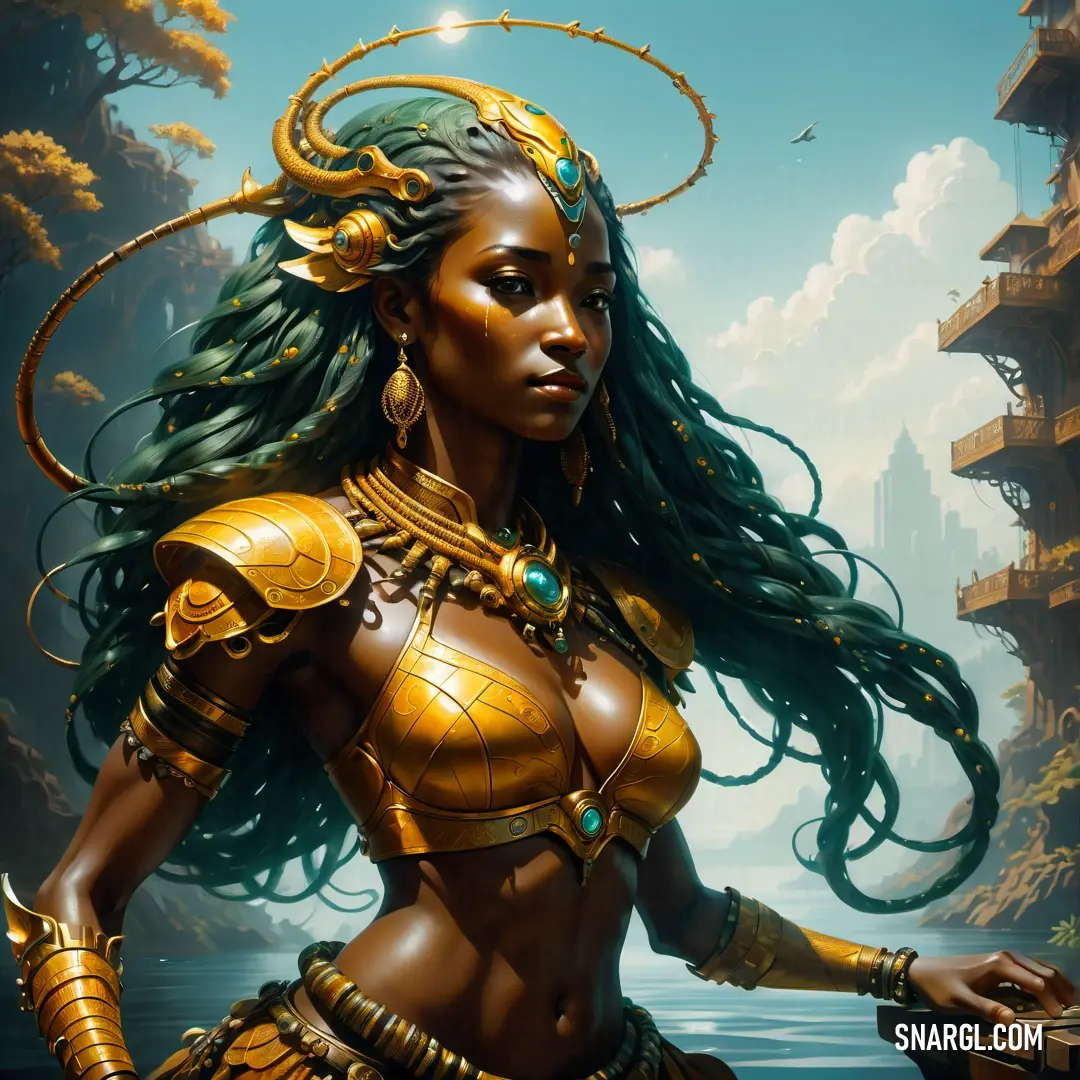 Mami Wata with long hair and a gold outfit is standing in front of a river and a cityscape