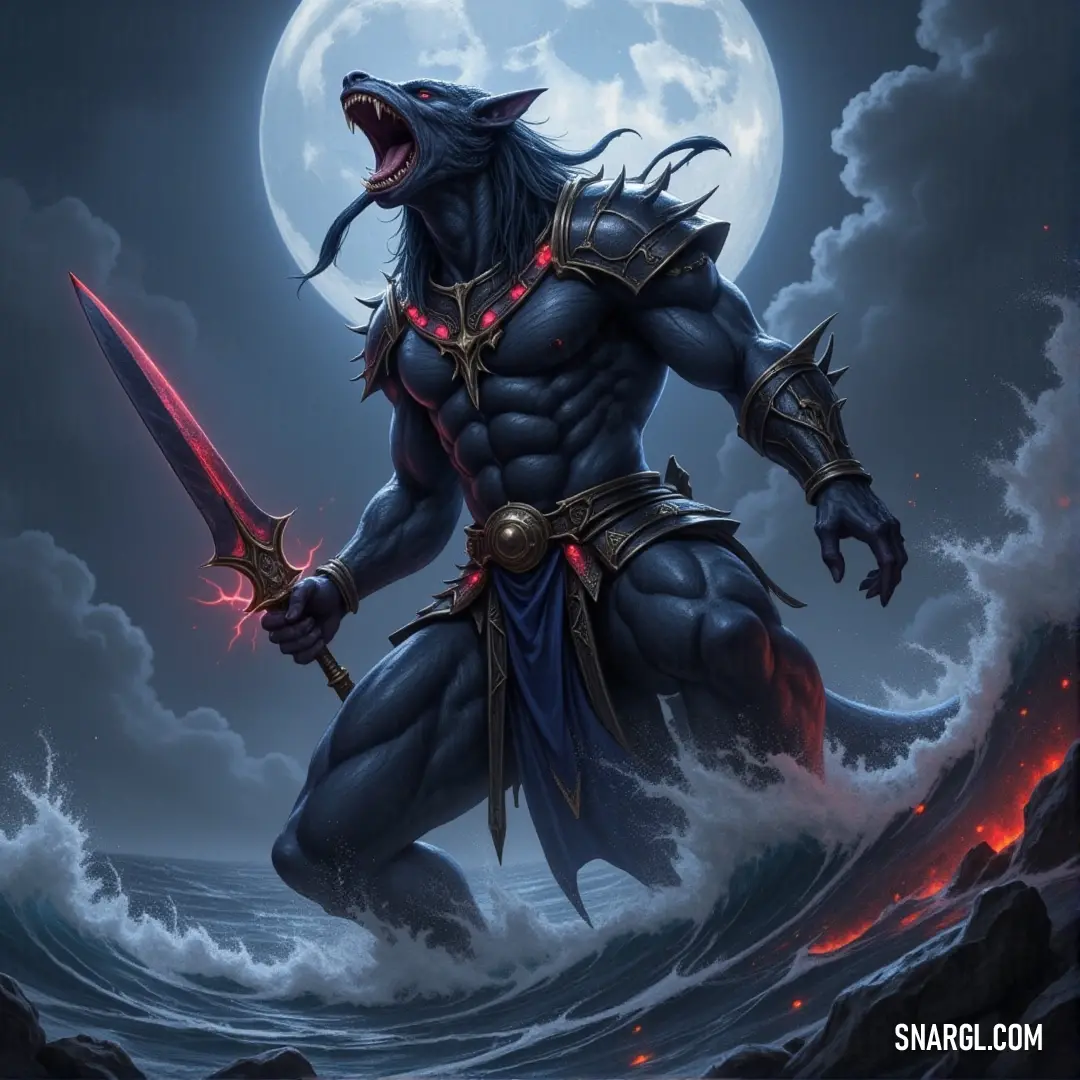 A mythical warrior holding a sword under the light of a full moon, surrounded by an air of ancient mystery and power. A powerful creature resembling Mamlambo, standing in a dramatic pose with a sword raised high. The full moon casts a mystical glow over the scene, illuminating the figure in an aura of strength and mystery.