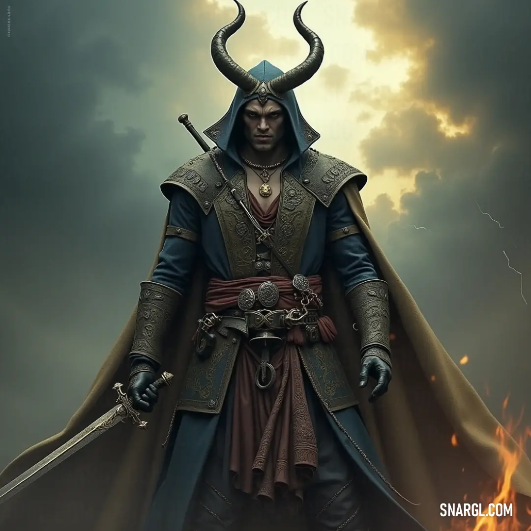 Mammon, draped in an opulent costume adorned with shimmering horns, holds a powerful sword amid an ominous sky. The contrast of his golden attire against the dark backdrop intensifies his aura of grandeur and wealth.