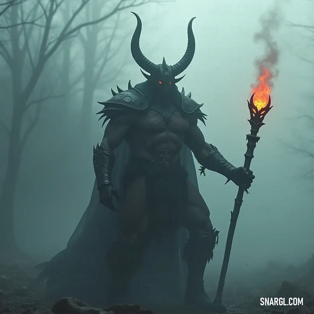 In a mysterious forest shrouded in fog, Mammon wields a flaming staff, his horned silhouette evoking an aura of dark enchantment and formidable strength. Mammon, draped in a horned costume, stands resolute in a fog-laden forest. He grips a staff emanating a fierce flame, casting an otherworldly glow amid the eerie mist, embodying the essence of dark power.