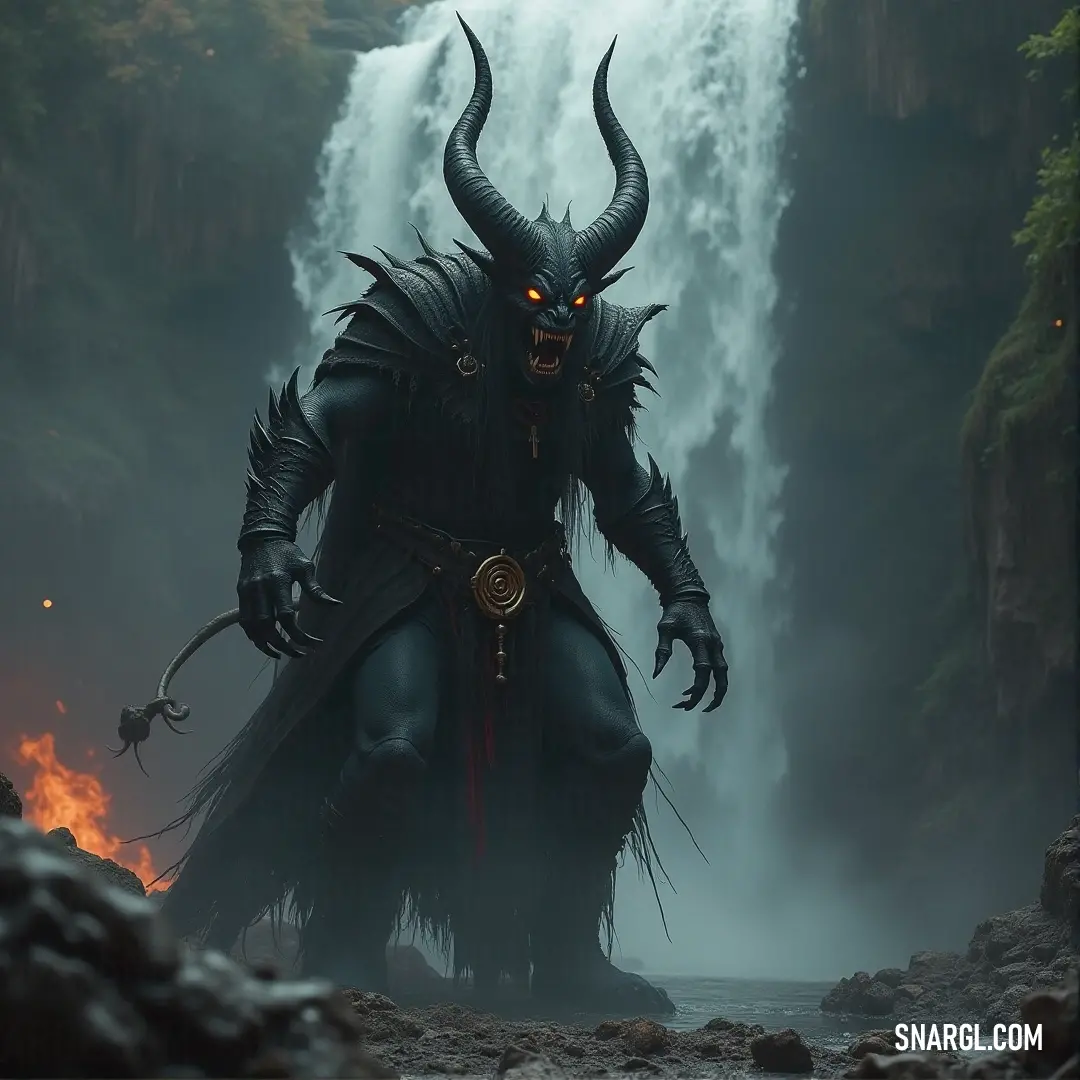 Mammon, crowned with horns and fierce in appearance, stands before a majestic waterfall with fire erupting from its mouth, showcasing his untamable force. Mammon, with striking horns and a demon-like face, stands proudly before a dramatic waterfall, flames billowing from its mouth, as if nature itself bows to his power.