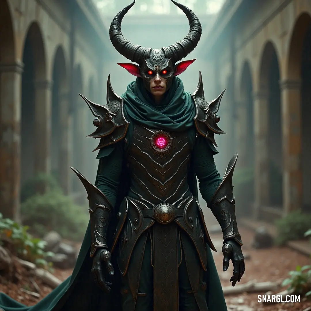 Mammon: The Enigmatic Harbinger of Wealth and Secrets Mammon, adorned in an elaborate costume with pronounced horns, reveals an aura of mystery as he stands cloaked beneath a shadowy veil, exuding an air of wealth and deception while hinting at stories untold in the depths of the darkened realm.