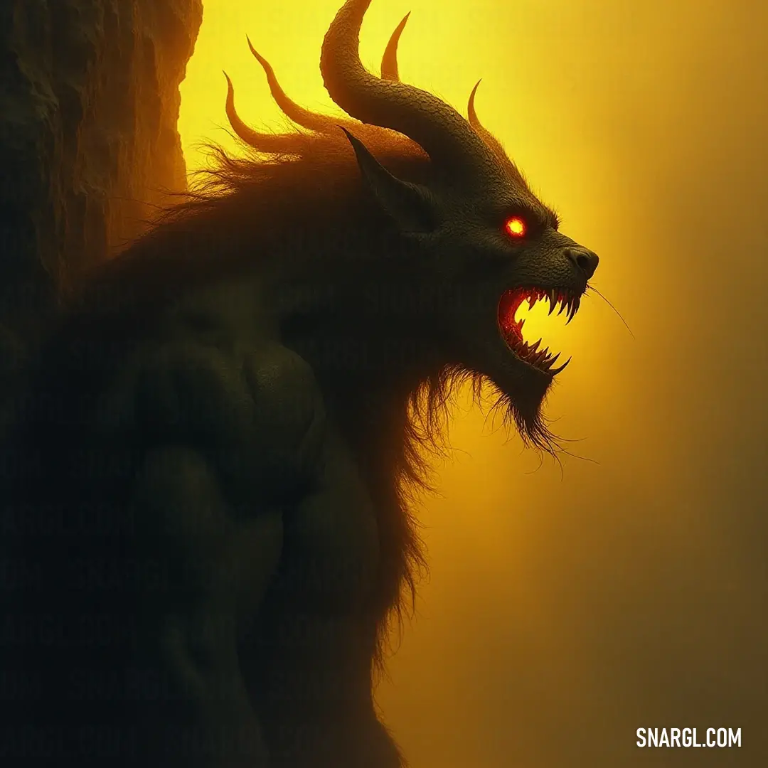 With piercing red eyes that seem to glow and formidable horns, Demonic Mammon commands the frame against a striking yellow background, blending the elements of danger and fascination in this vibrant portrayal. Demonic Mammon, adorned with striking red eyes and menacing horns, stands boldly against a vibrant yellow backdrop, creating a dramatic contrast that emphasizes his fierce nature and captivating allure.