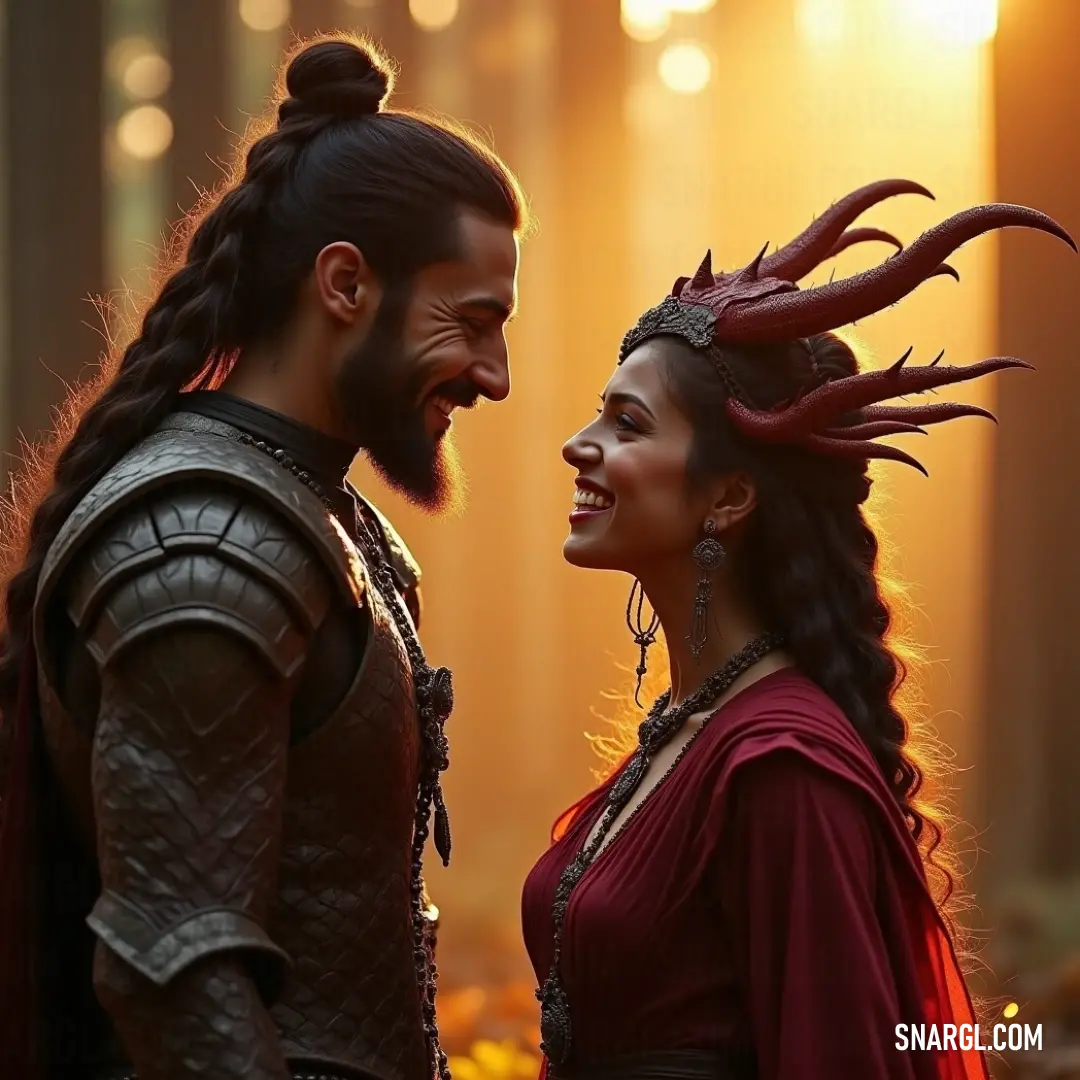 A picturesque scene of a couple in elaborate medieval costumes, united in a forest paradise bathed in sunset glow, radiating warmth, love, and adventure. A charming tableau of a man and a woman in intricate medieval attire, standing hand in hand within a lush forest at sunset, with golden rays filtering through the trees, symbolizing love and unity.