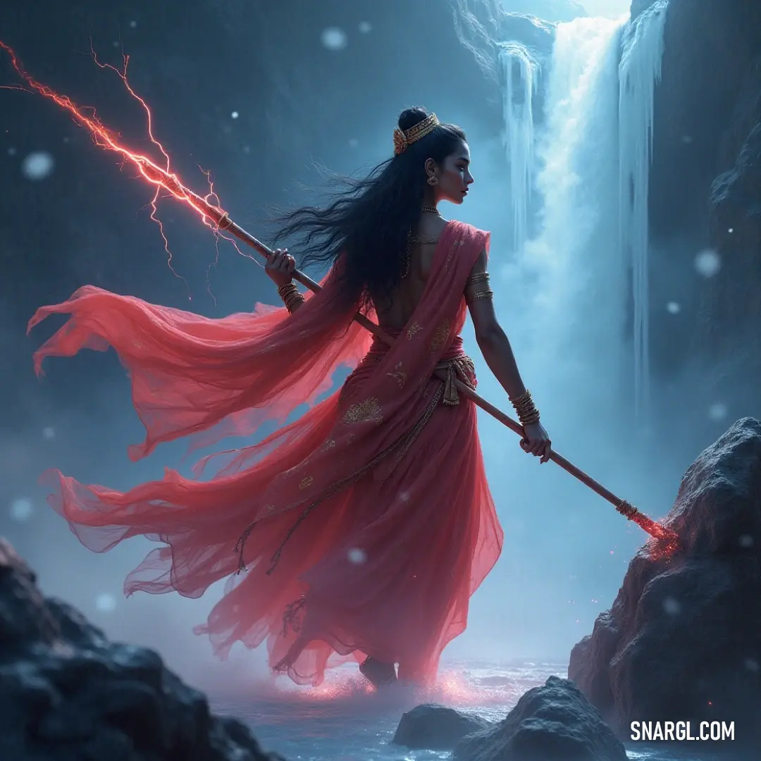 A breathtaking portrayal of a woman in a flowing red gown, boldly wielding a staff in front of a majestic waterfall, embodying the harmony of beauty and power in nature. A striking image of a woman adorned in a vibrant red dress, confidently holding a staff as she stands before a cascading waterfall, her presence echoing strength and elegance amidst nature's raw power.