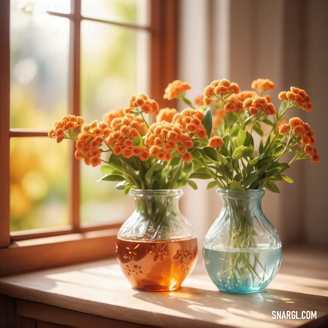 Couple of vases filled with flowers on a table next to a window sill. Color CMYK 0,49,74,0.