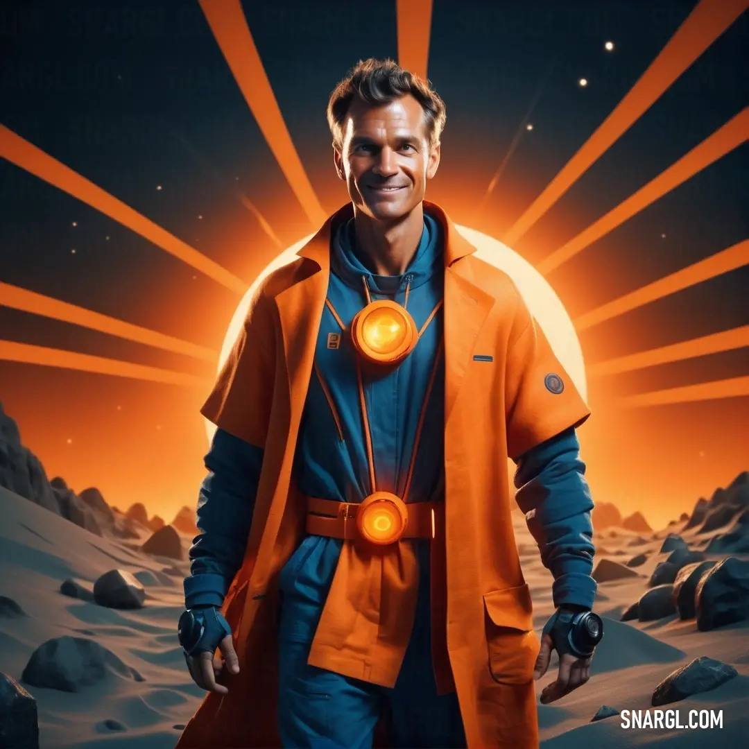 Man in an orange coat and blue shirt standing in front of a bright orange background. Example of RGB 255,130,67 color.