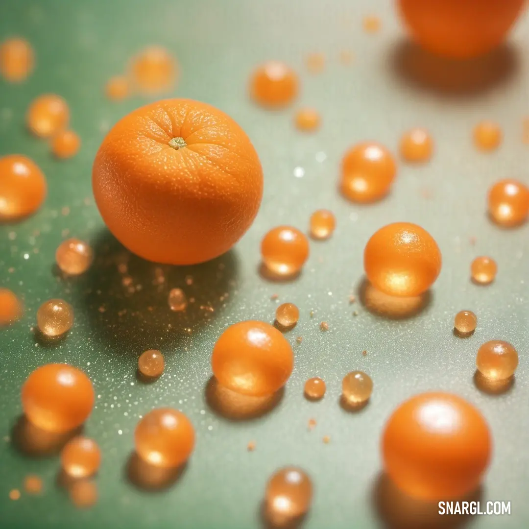 Close up of a orange and some drops of water on a table top with a green surface. Example of CMYK 0,49,74,0 color.