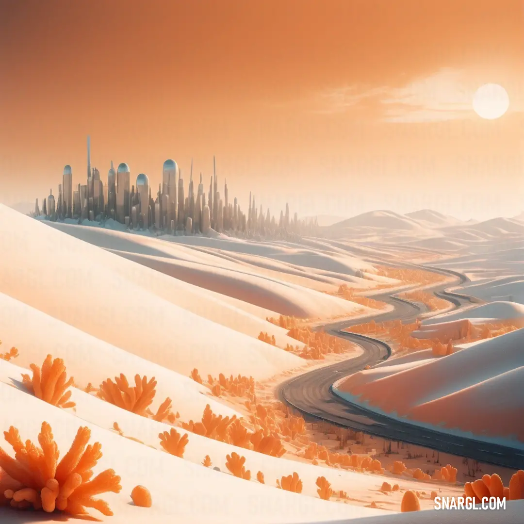 Painting of a desert with a road going through it and a city in the distance with a sun in the sky. Example of CMYK 0,49,74,0 color.