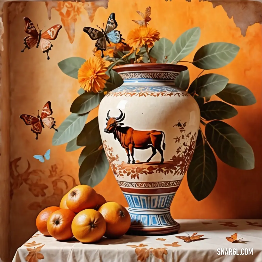 Vase with a cow and flowers on a table with oranges and butterflies around it and a butterfly on the wall. Example of CMYK 0,49,74,0 color.