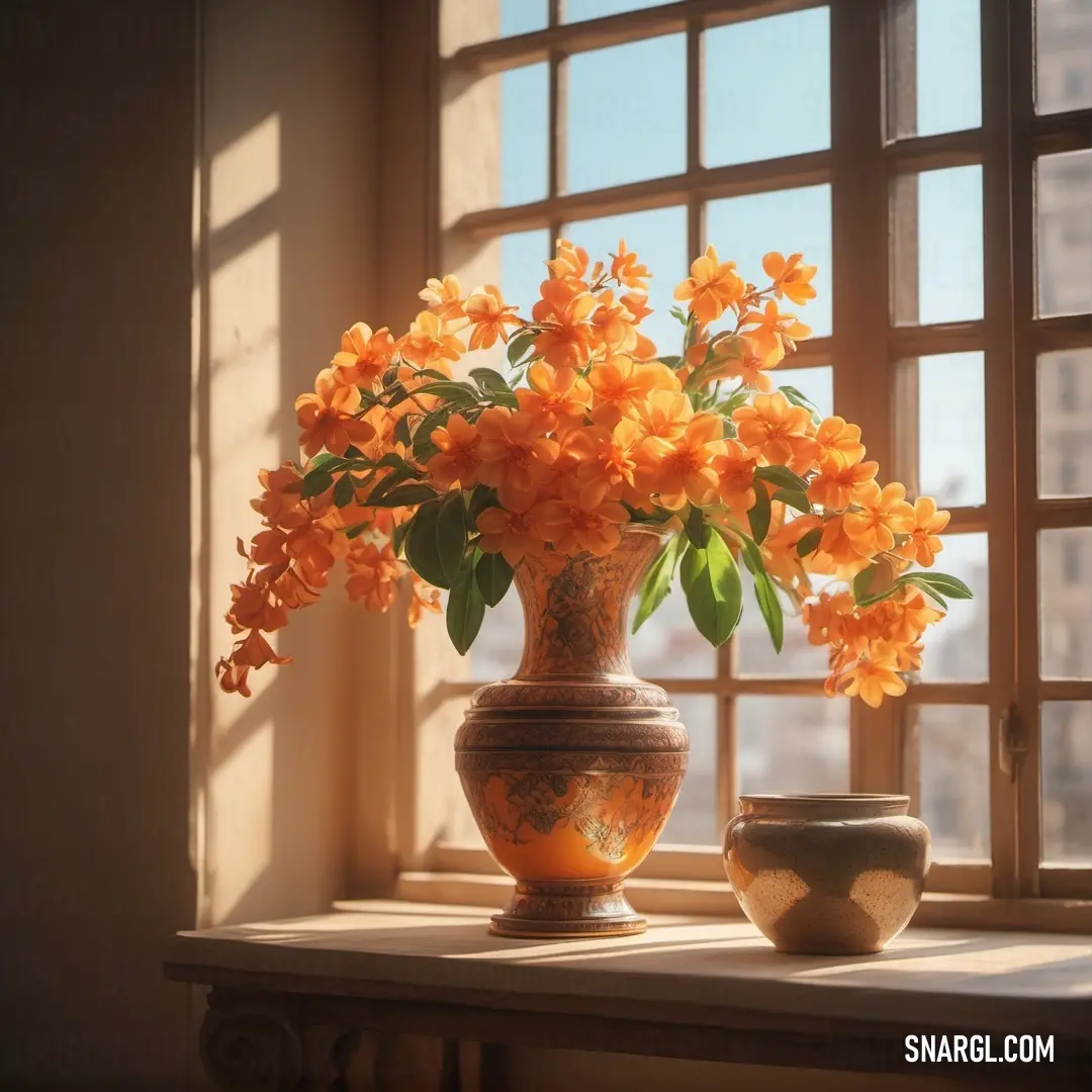 Vase with flowers on a window sill next to a vase with flowers in it. Color CMYK 0,49,74,0.