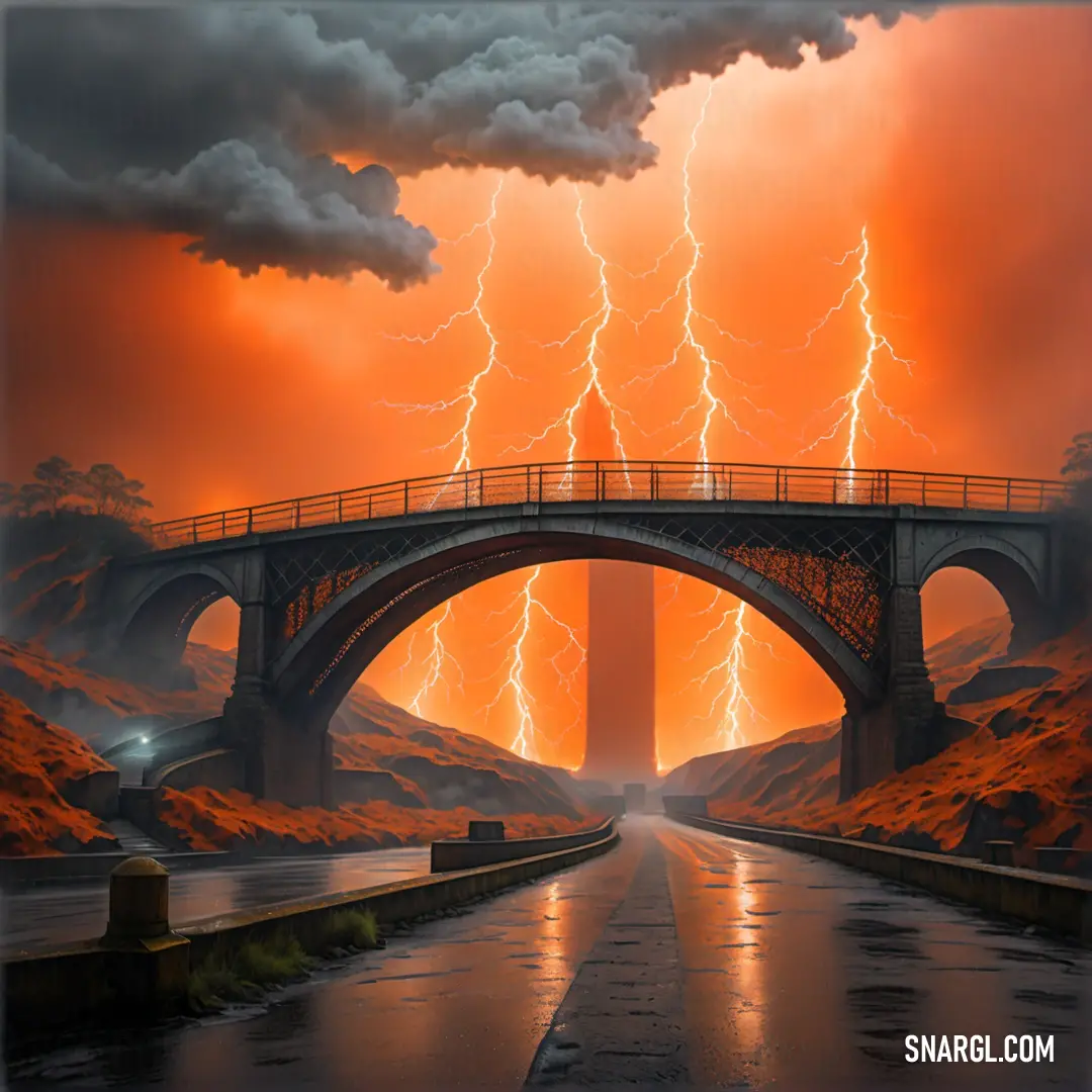 Painting of a bridge with a lot of lightning in the sky above it and a bridge. Example of RGB 255,130,67 color.