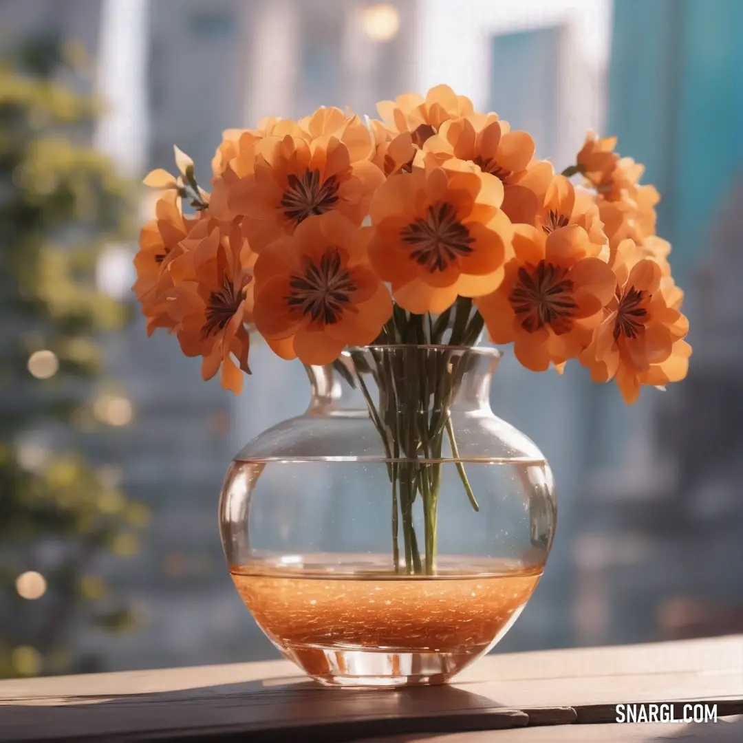 Vase filled with water and orange flowers on a table next to a window sill with a city view. Color CMYK 0,49,74,0.