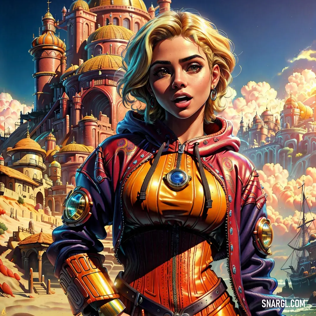 Woman in a futuristic outfit standing in front of a castle with a giant clock tower in the background
