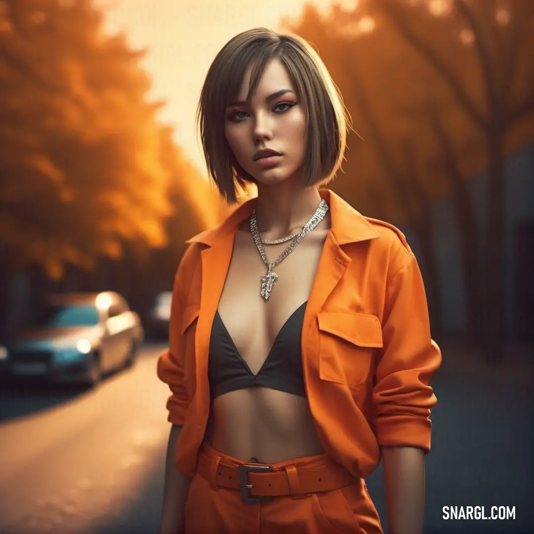 Woman in an orange jacket and black bra top standing on a street with a car behind her and a sunset. Example of Mango Tango color.