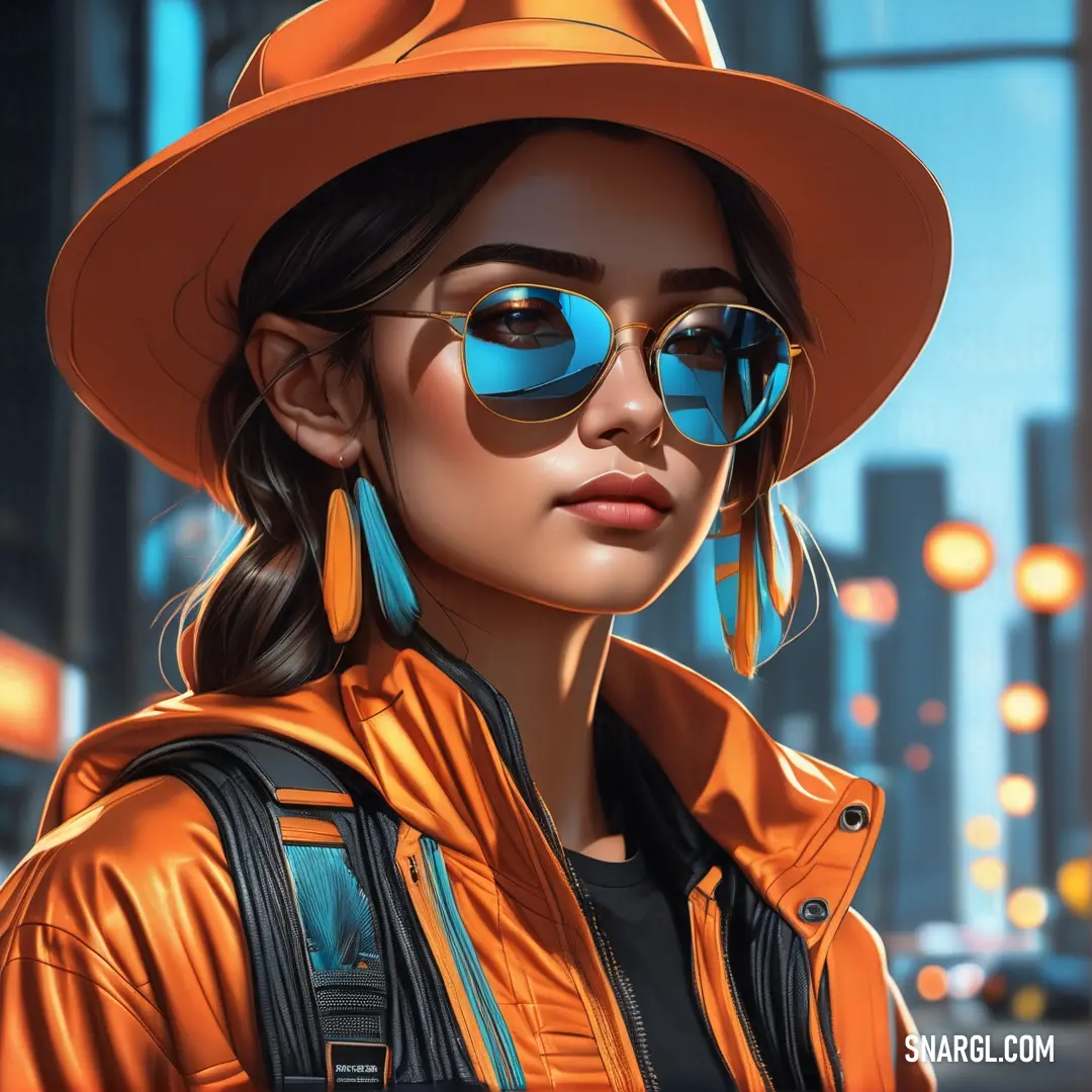 Woman wearing a hat and sunglasses in a city at night with a cityscape in the background. Color Mango Tango.