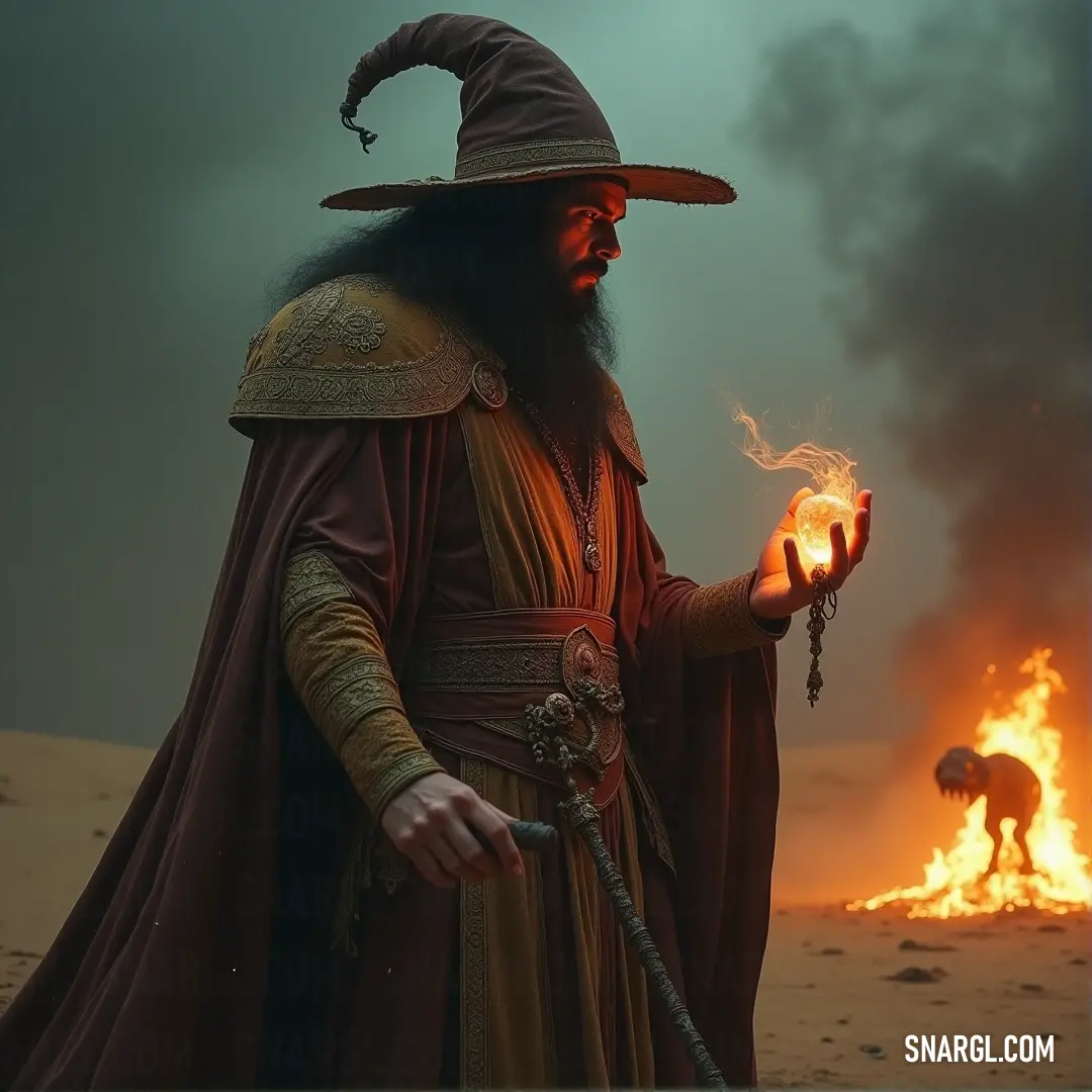 Mannimarco stands commanding, fireball in hand, his long robe swirling around him as he prepares to unleash his dark powers in a world of mystery and danger. Mannimarco, cloaked in a flowing robe, holds a crackling fireball in his hand as he stands with power and authority. His mysterious hat and intense gaze make him a formidable presence, as if he's ready to summon magic at any moment.