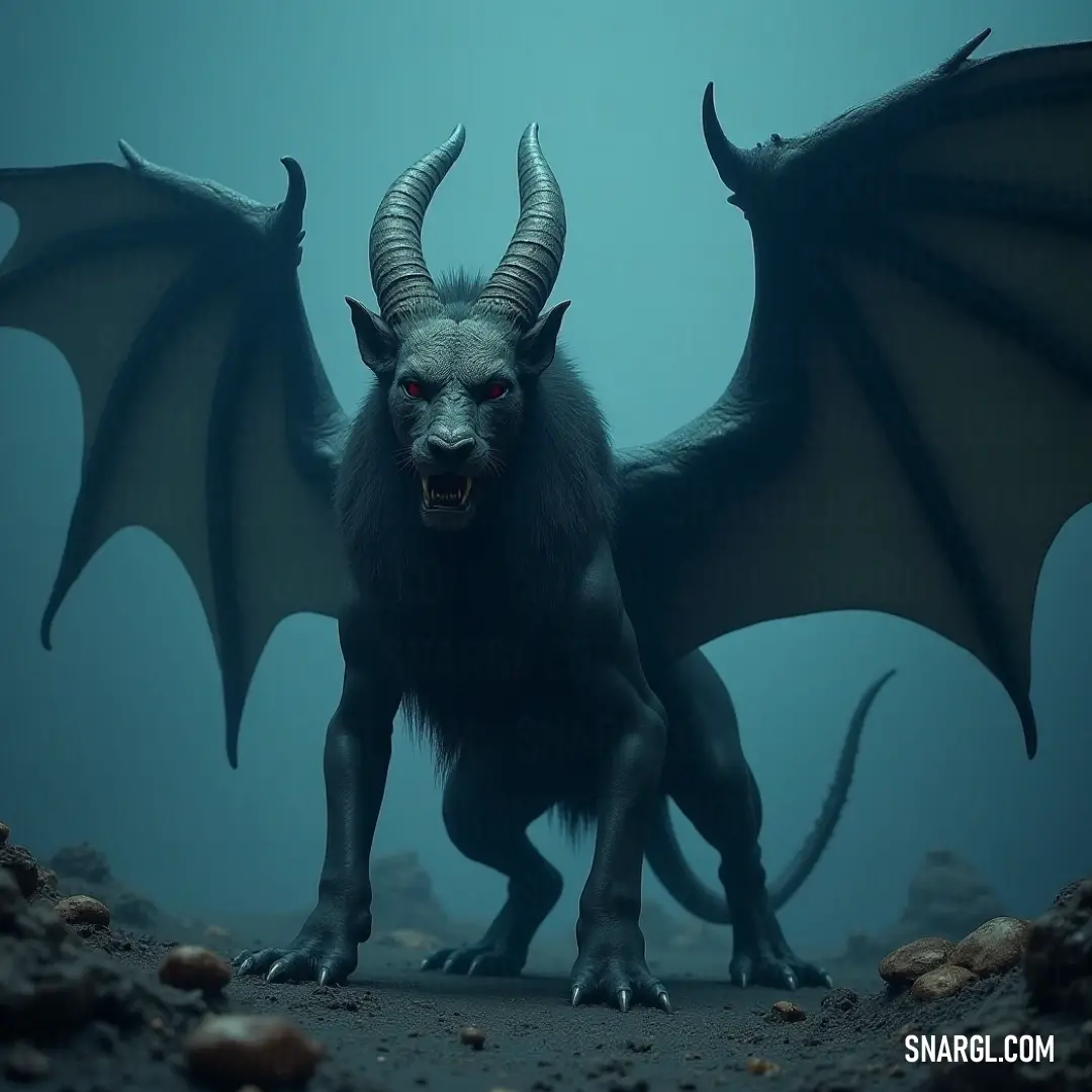 A demonic Mantakhor with horns and wings stands poised, ready to unleash its power in an untamed environment. A demonic Mantakhor stands tall, horns jutting from its head and wings outstretched. The dark creature emanates an aura of mystery and intimidation.