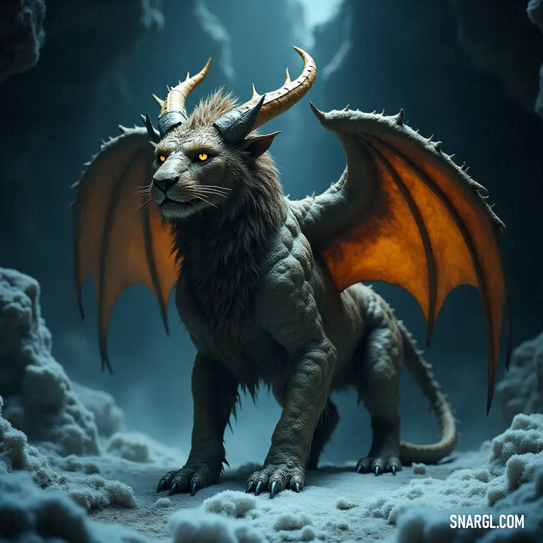 A Mantiara with horns and wings stands in a snowy cave beneath a full moon, surrounded by clouds and the silent beauty of the night. A Mantiara with glowing horns and majestic wings stands in a mystical cave, its presence amplified by the swirling snow and the brilliant light of a full moon overhead.