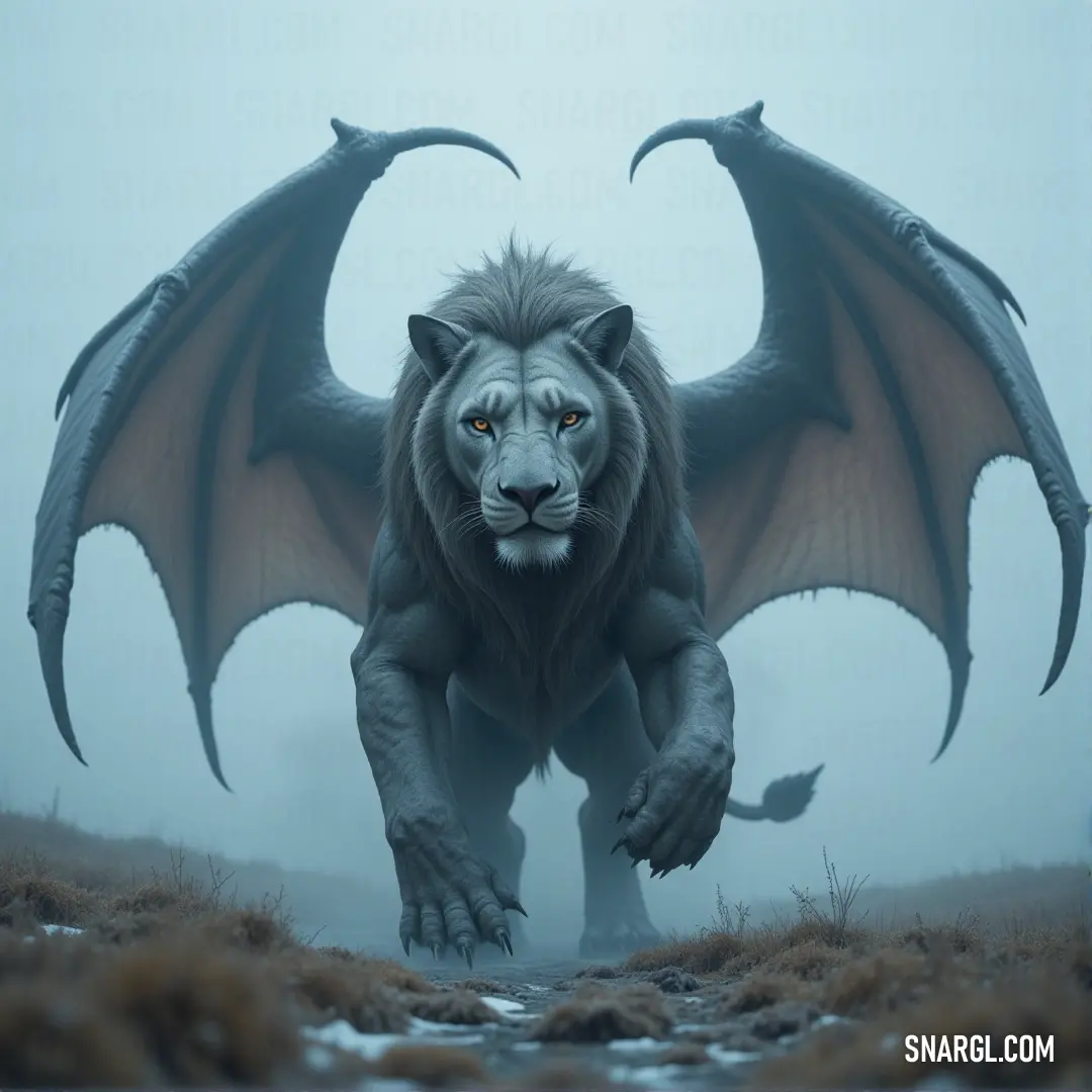 A grand white Manticore, with sweeping wings and a regal mane, strides through a mysterious foggy field, its path alongside a dark, looming black dragon. A majestic white Manticore, with large wings and a flowing mane, walks through a fog-covered field, accompanied by a massive black dragon, both figures shrouded in mist.