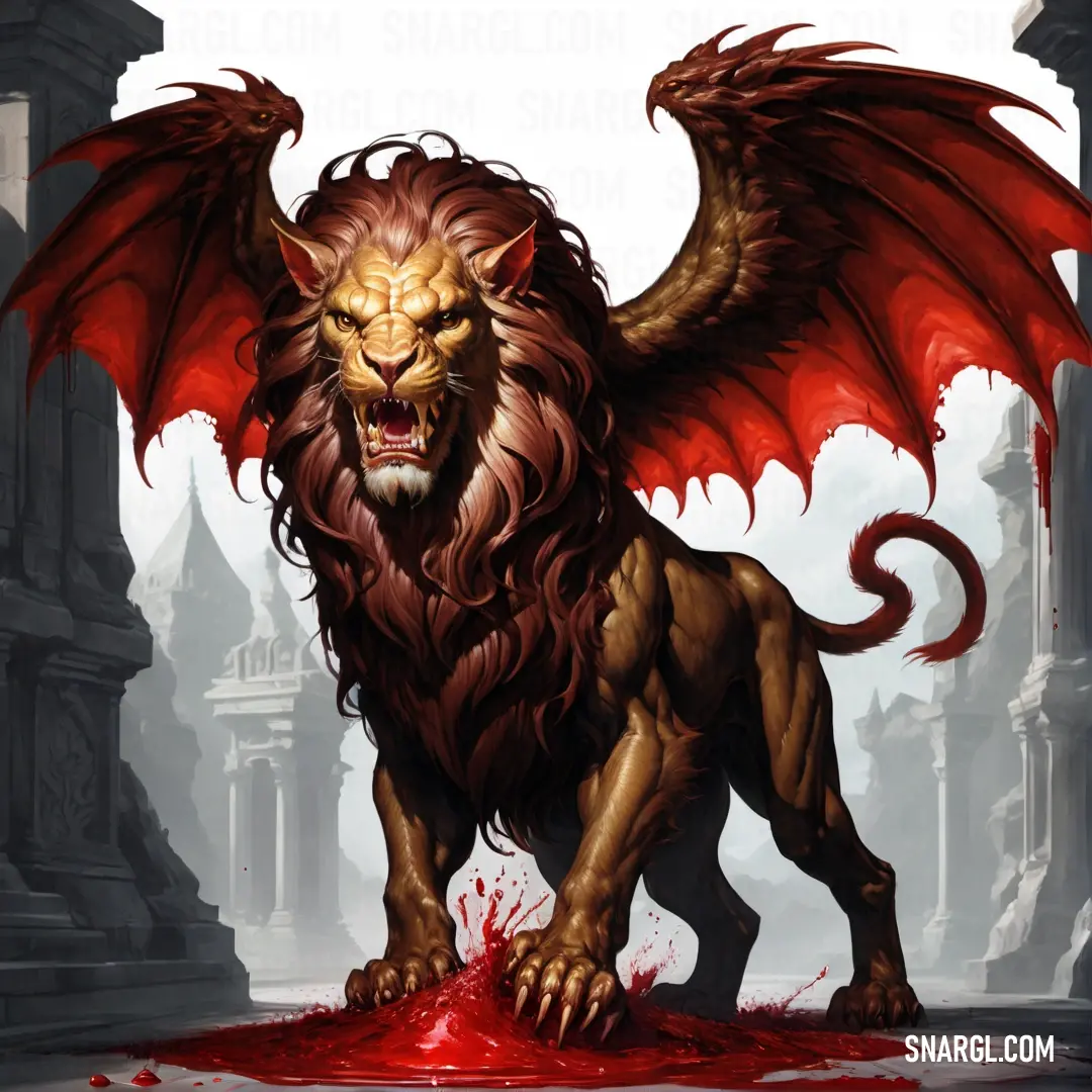 Lion with a red mane and a red bloodied tail standing in front of a castle with a red substance on its body