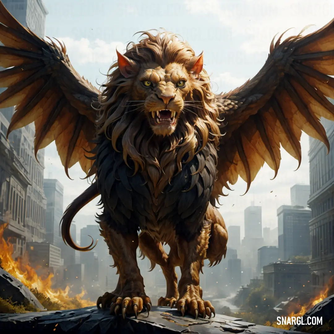 Lion with wings is standing on a rock in a city with flames in the air and buildings in the background