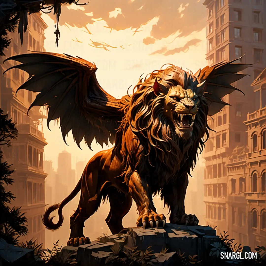 Lion with wings standing on a rock in a city setting with tall buildings in the background and a bird flying above