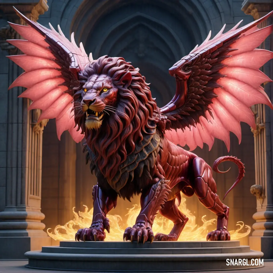Statue of a lion with wings on a pedestal in front of a building with a fire in the background