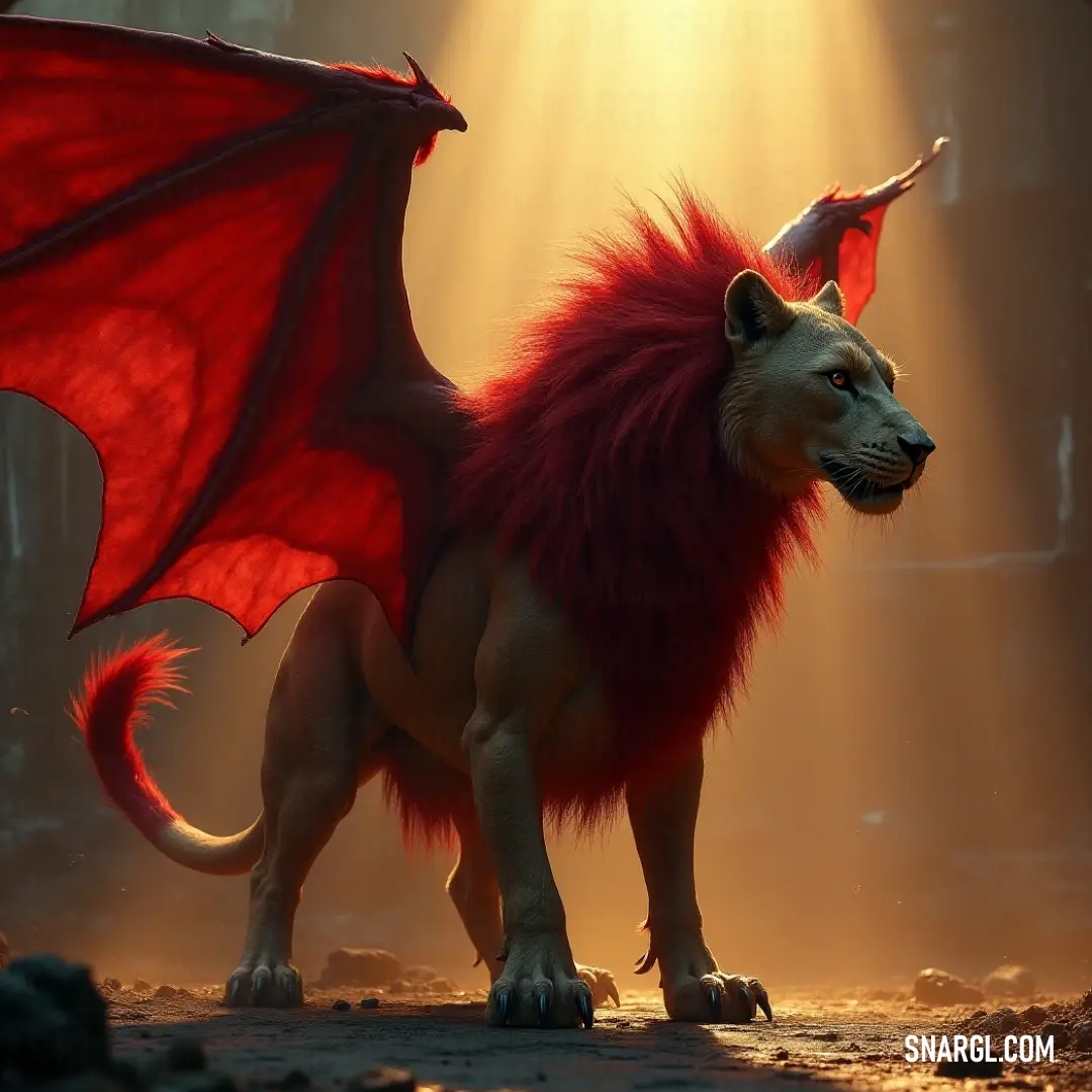 A majestic Red Manticore with a flowing mane and tail in a sunlit cave A striking Red Manticore with a flowing mane and an elegant tail stands majestically in a shadowy cave. Sunlight pierces through the darkness, highlighting the dramatic features of this mythical creature, evoking a sense of wonder and adventure.