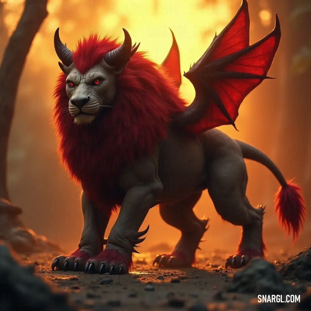 A dragon-like Red Mantifang stands tall in a vibrant forest setting. The magnificent Red Mantifang, resembling a dragon, stands boldly in a lush forest, surrounded by tall trees that create a stunning backdrop for its vibrant colors and majestic form.