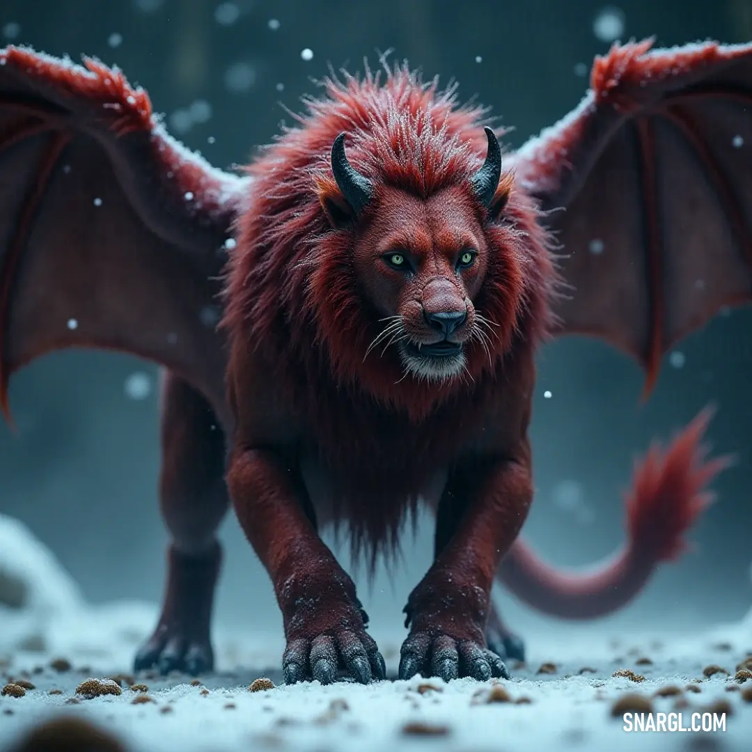 A striking Red Mantifang with impressive horns spreading its wings in a snowy landscape. In an impressive display, a Red Mantifang with striking horns spreads its wings wide, standing atop a blanket of snow, showcasing its vibrant color against a winter wonderland.