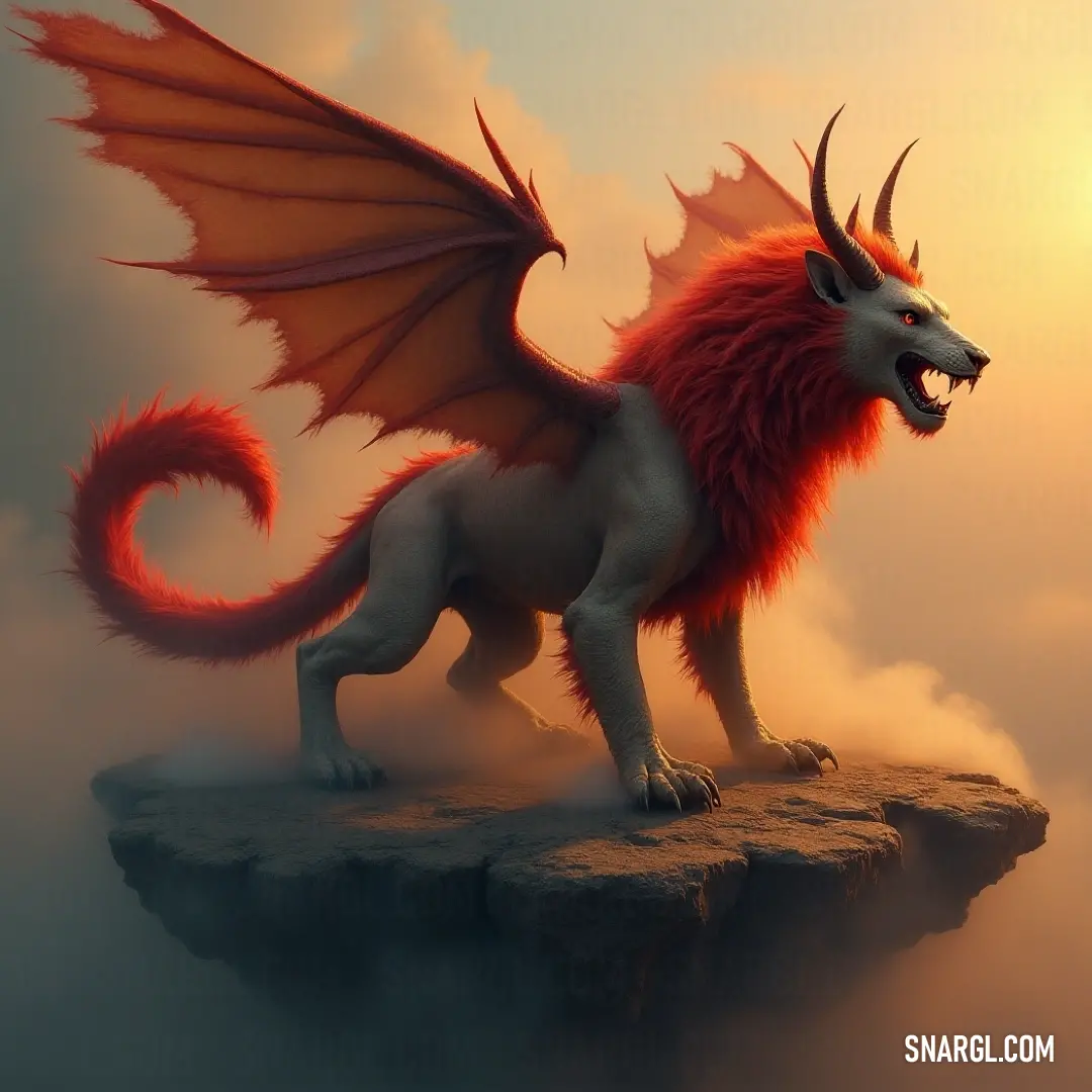 A breathtaking Mantigora Rex, resplendent with vibrant red wings, stands poised atop a rocky outcrop, framed by a breathtaking sky that echoes its wild spirit and legendary nature. An awe-inspiring Mantigora Rex with wings spread wide dominates a rocky outcrop, its vivid red plumage contrasting against a stunning sky filled with fluffy clouds, as if ready to soar.
