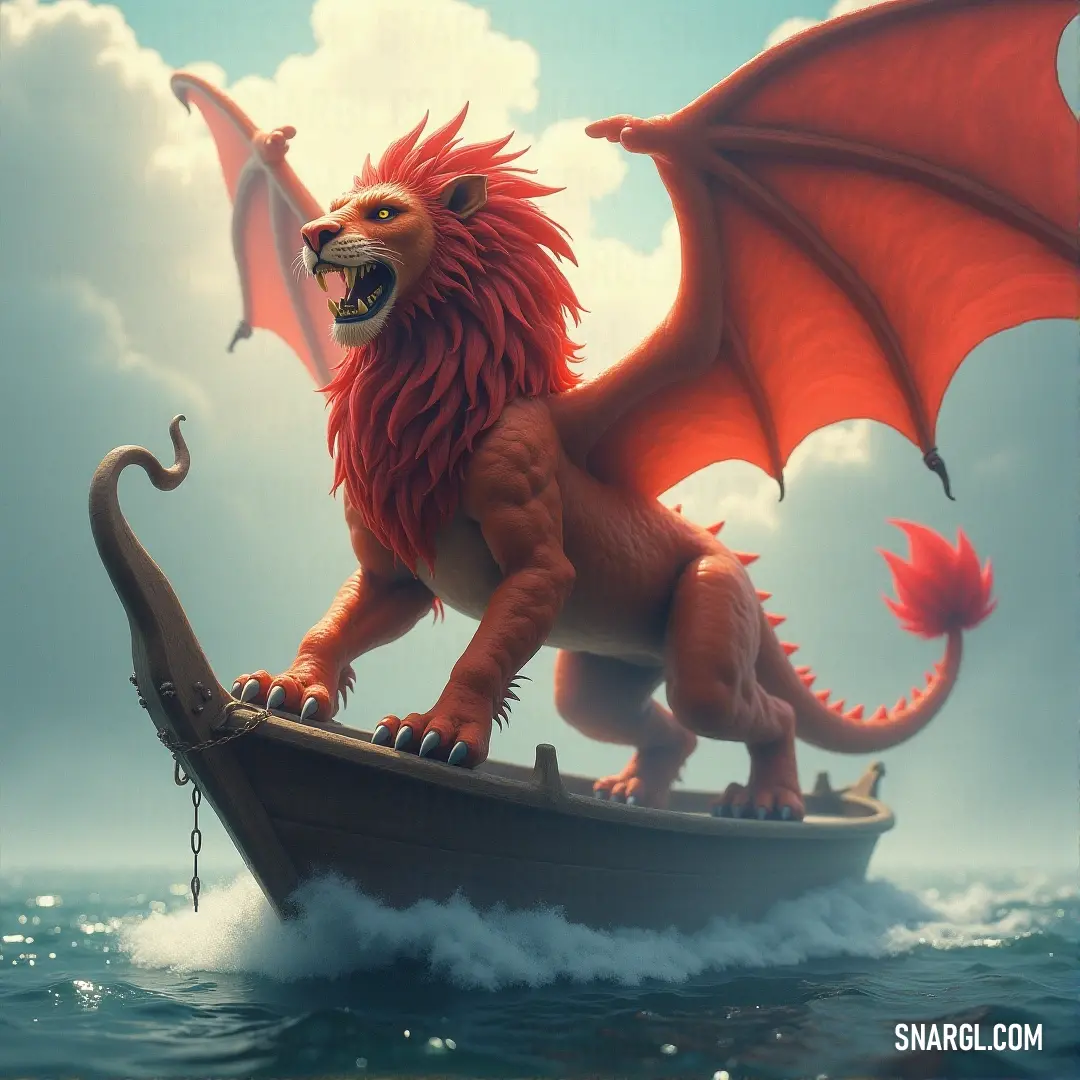 Mantikon standing atop a boat in the ocean, accompanied by another Mantikon balancing on its back legs. A mighty Mantikon, with sleek, muscular legs, rides atop a boat as it cuts through the ocean waves. Its proud stance shows its confidence, as another Mantikon stands beside it, balancing on its back legs.