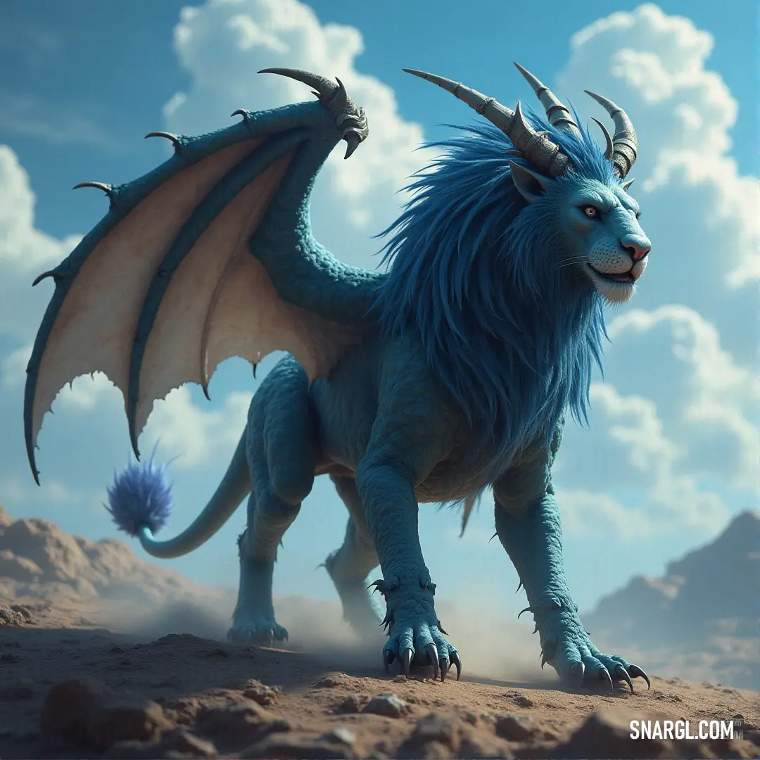 A vibrant blue Mantikor, adorned with formidable horns, stands on a grassy hill under an expansive sky, exuding an aura of untamed beauty and strength. This blue-toned Mantikor, with sharp horns and intense eyes, stands on a grassy hill beneath a vast sky. The creature's vibrant blue fur contrasts with the natural world, creating a striking figure amidst the open expanse.