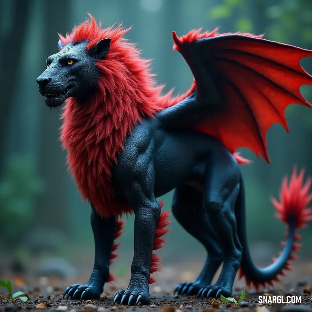 A stunning statue of the black and red mantira captivates in a serene forest setting, the rich colors and natural surroundings enhancing its majestic aura as it reigns over the foliage. An enigmatic black and red mantira statue emerges from a vibrant forest, surrounded by lush leaves and towering trees. The interplay of colors creates a striking contrast, bringing the mythical creature to life as it watches over the woodland realm.